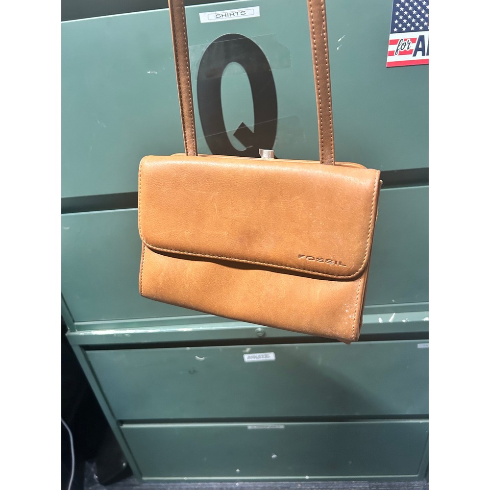 Fossil Crossbody Wallet Bag Womens Small Tan Leather Kiss-lock Vintage